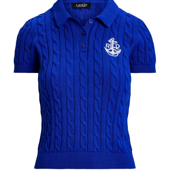 NWT Lauren Ralph Lauren Natrissa Embroidered Logo Cable Knit Cotton Polo Shirt - Picture 1 of 3